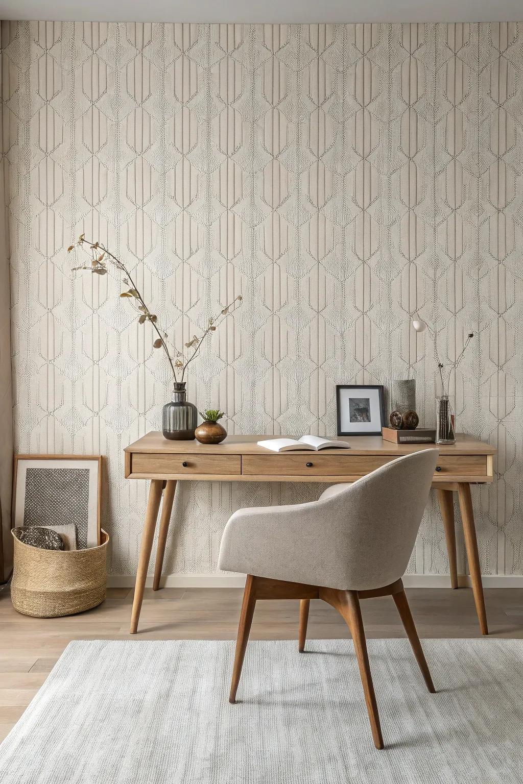 Textured wall covering adds depth to a minimalist room.
