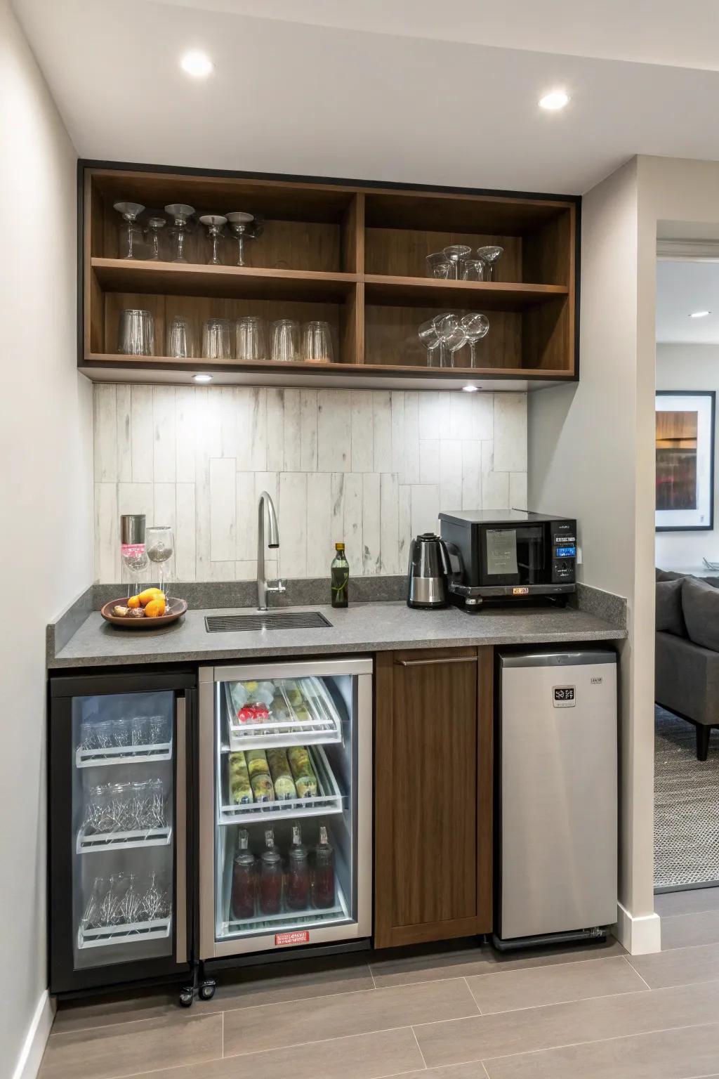 Productivity converges with aesthetics within a streamlined contemporary wet bar design.