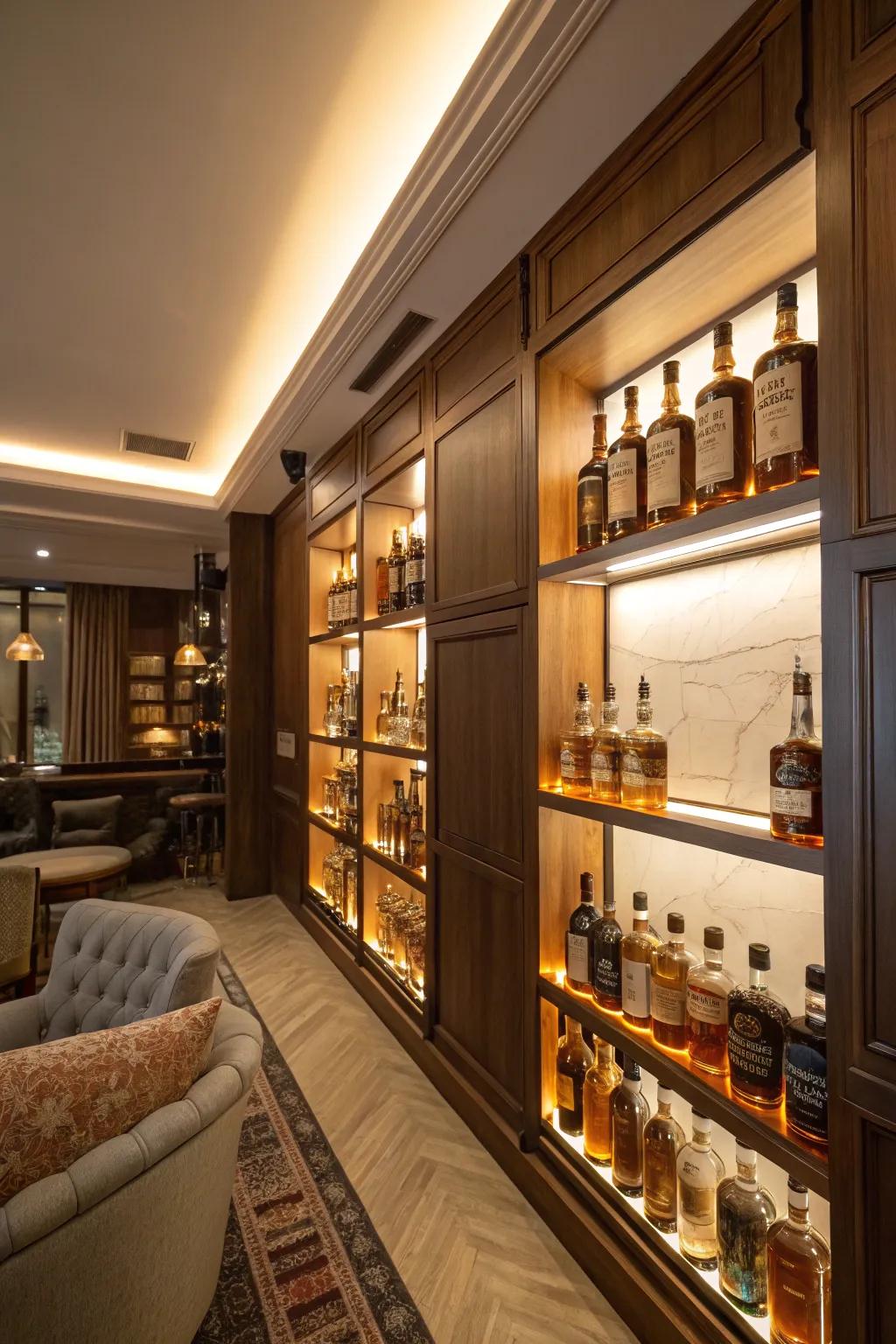 A beautifully arranged whiskey presentation becomes the central feature of your room.