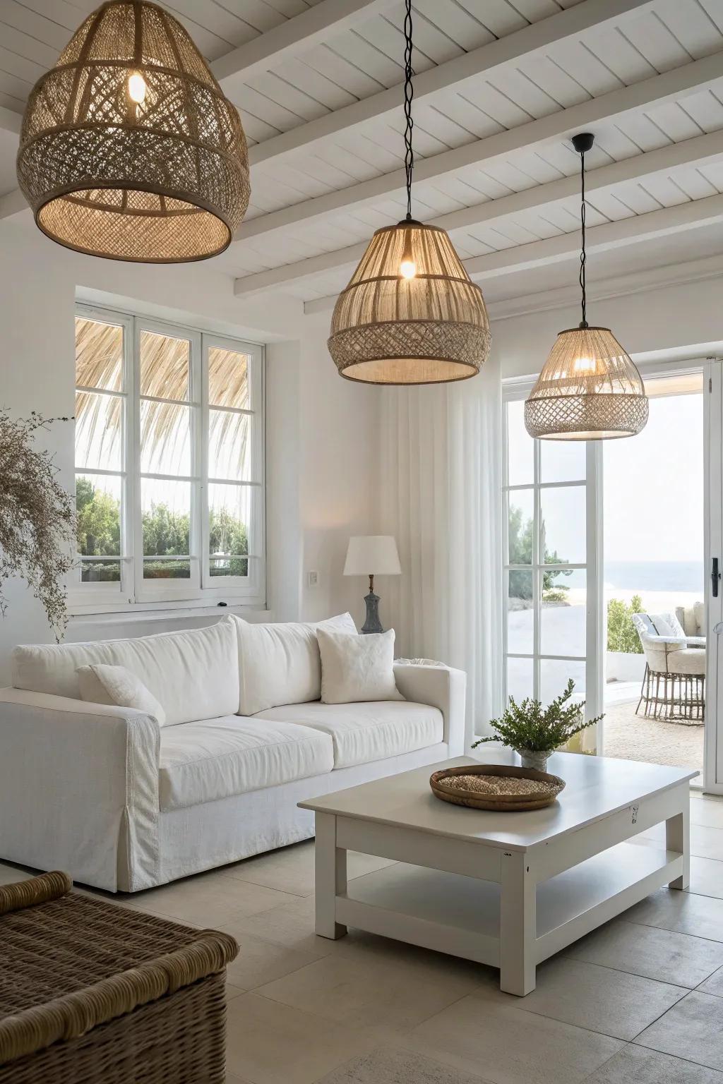 Layered illumination enriches the atmosphere in a modern white living space.