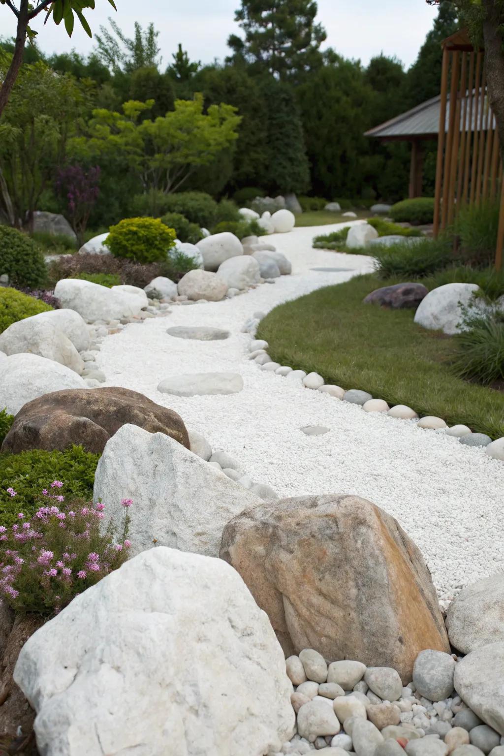 A garden featuring large highlight boulders arranged among white stones, delivering a textured landscape.