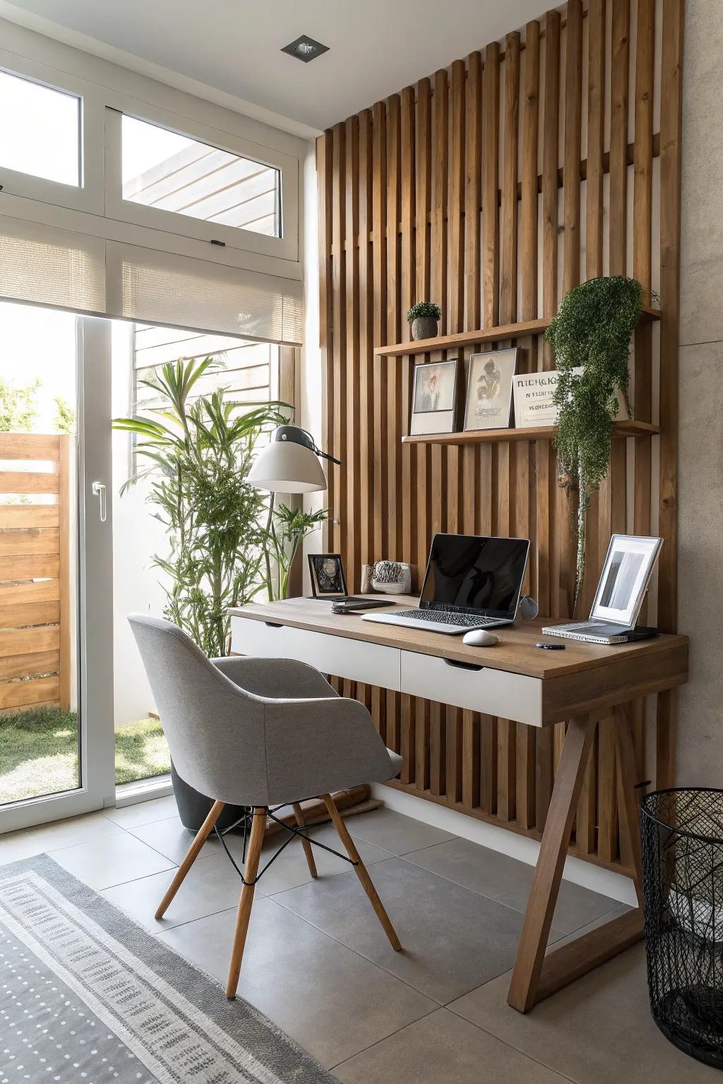 Elevate your home office with a wood slat backdrop that fosters productivity.
