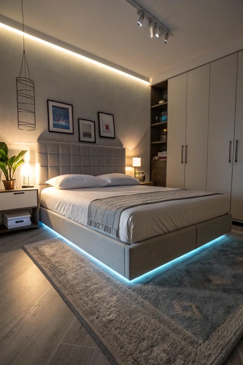 Modern elegance achieved with under-bed LED lighting.