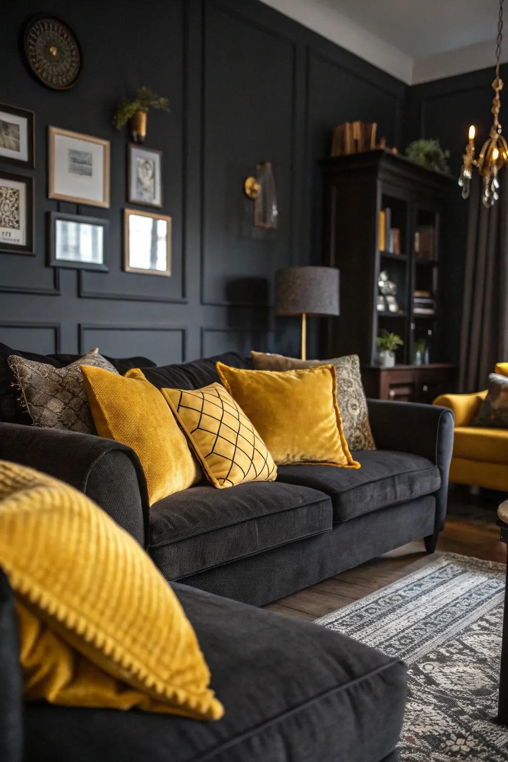 Gold cushions adding contrast to a dimly lit living space.