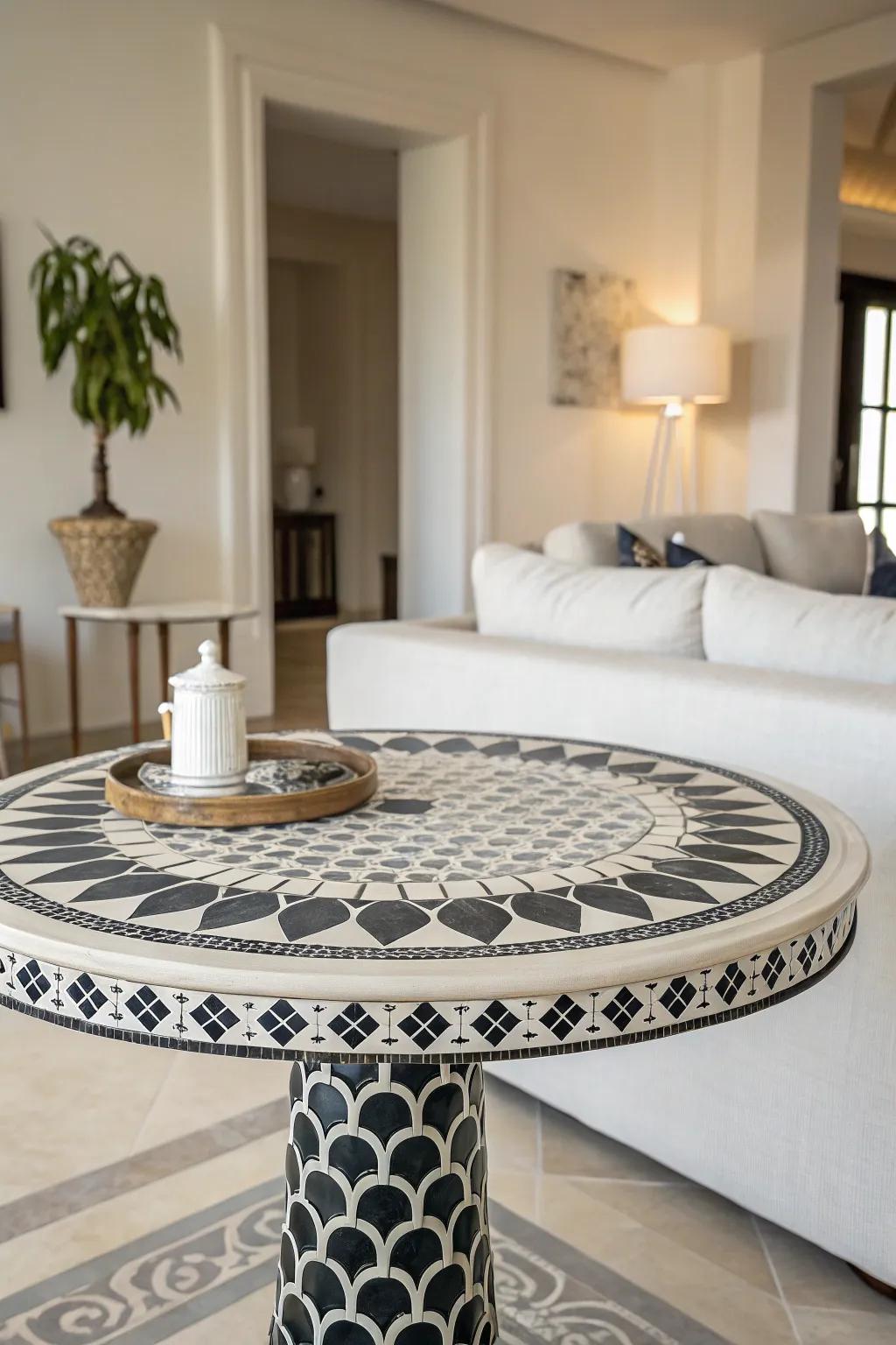 Chic monochrome mosaics bestow a refined accent to any decorating style.
