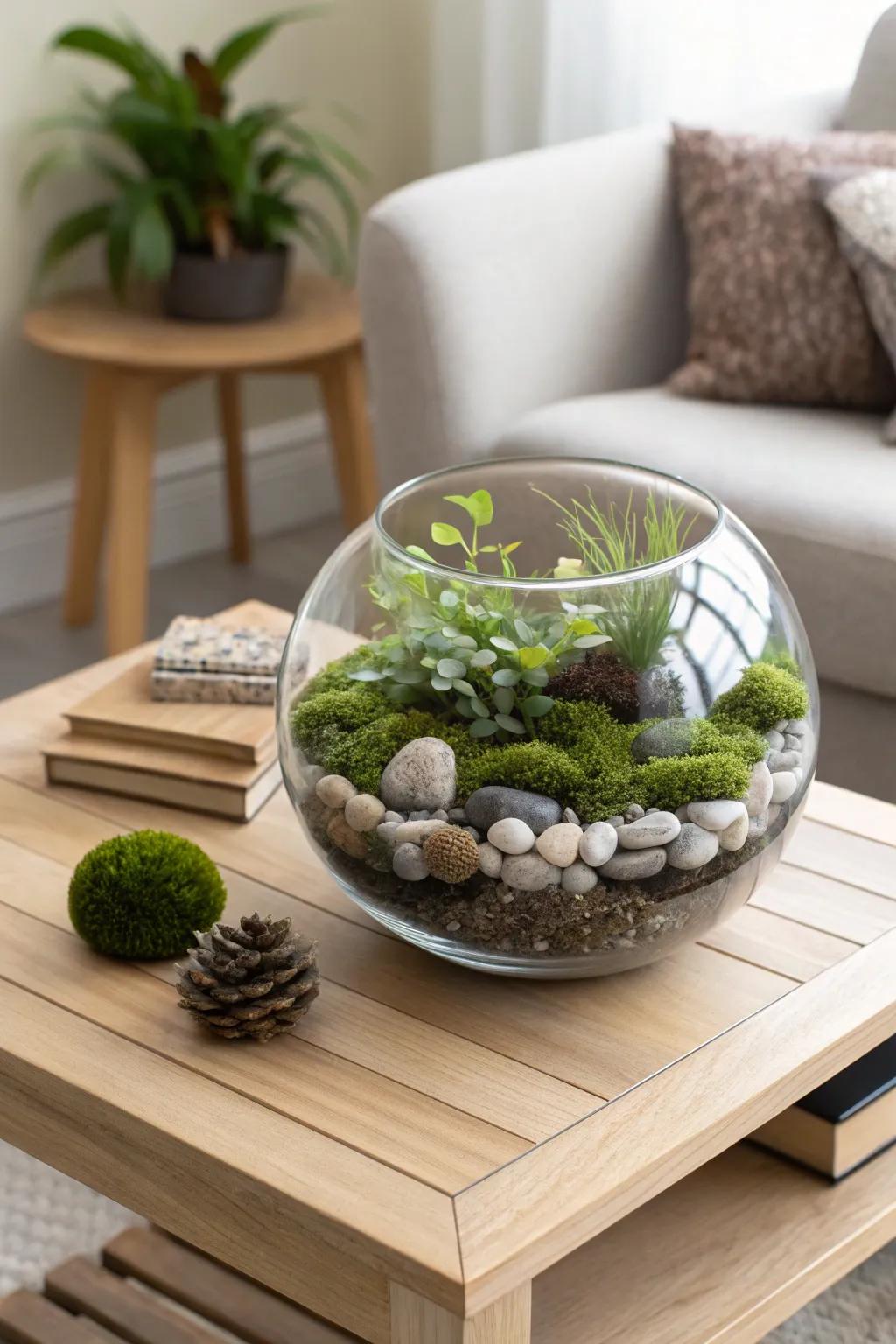 A serene rock and moss enclosure, suited for a soothing ambiance.