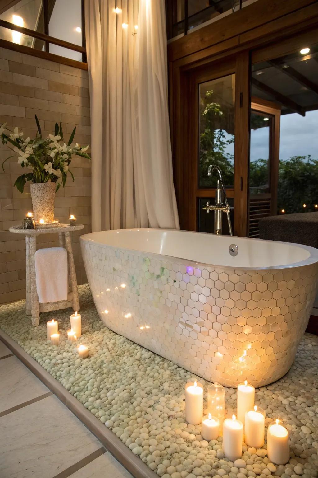 Improve your bathing experience with a nacre tile surround.