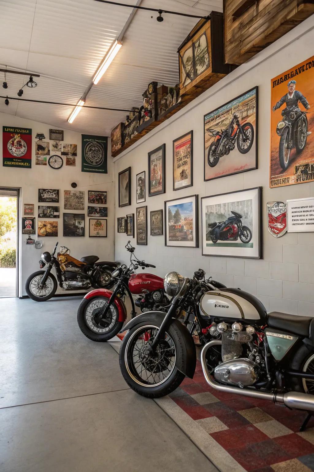 A garage converted into a showroom for motorcycles.