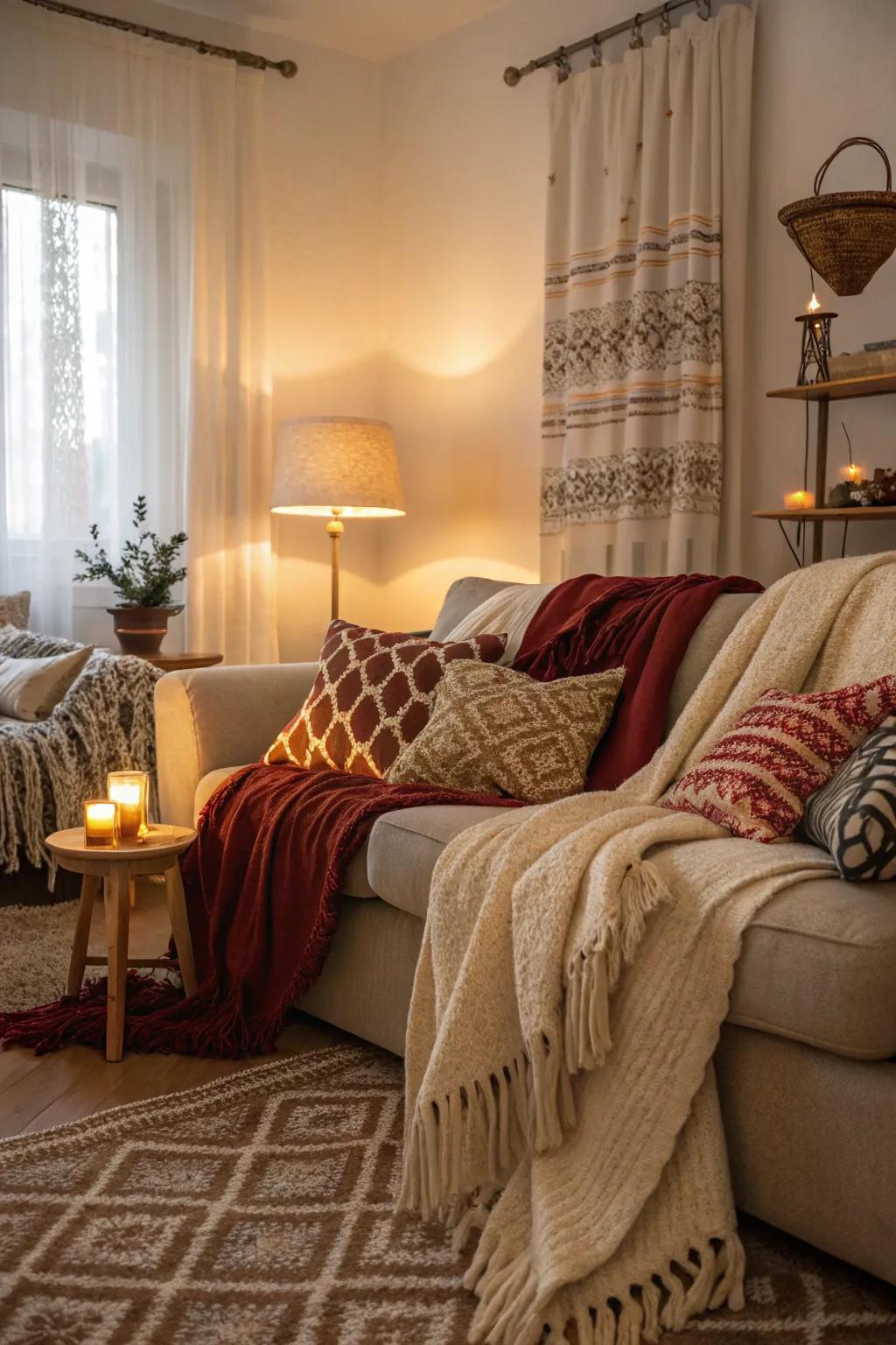 An array of comforting textiles amplifies the snugness of this lounge.