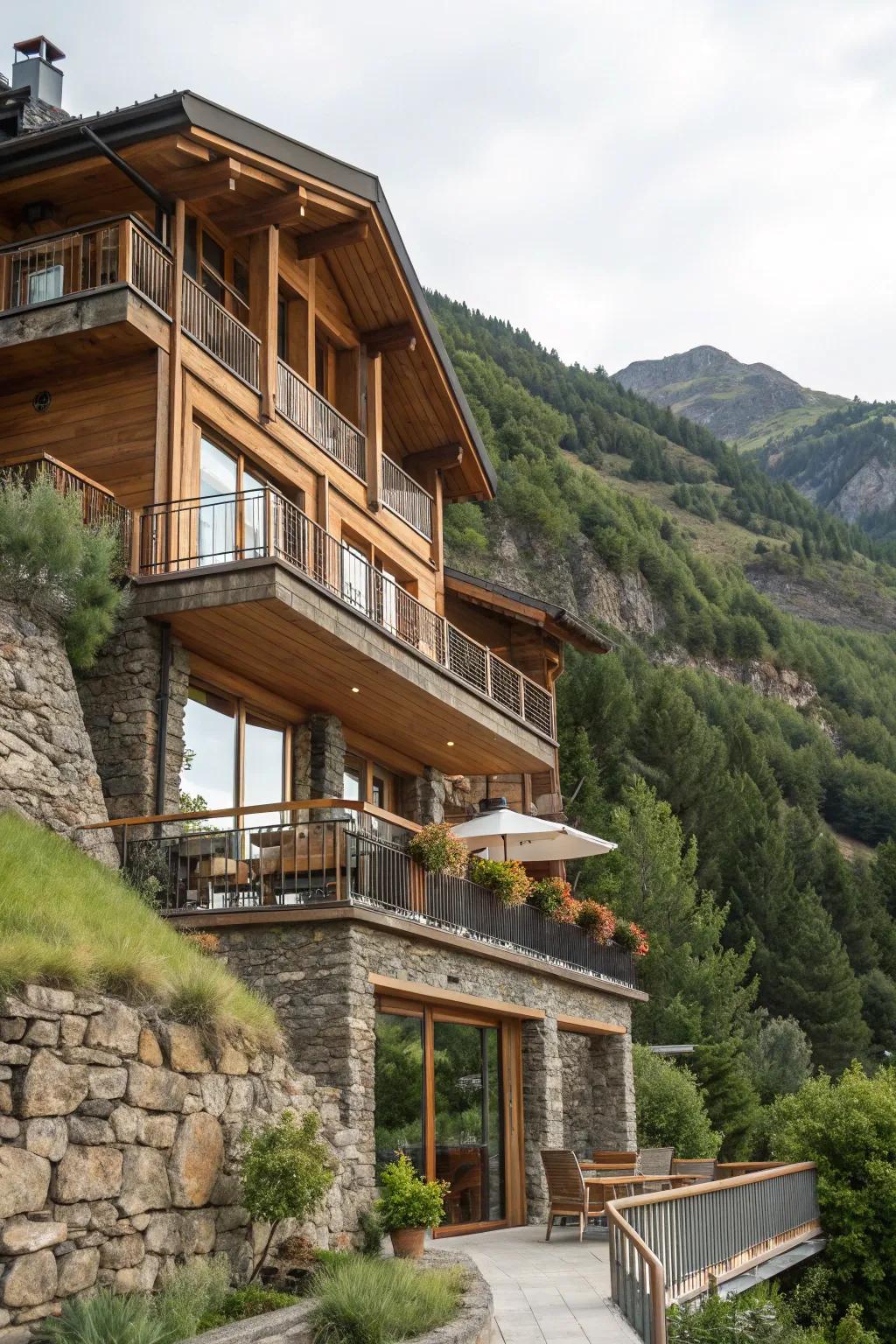 Multi-level construction adapting to mountainous terrain.