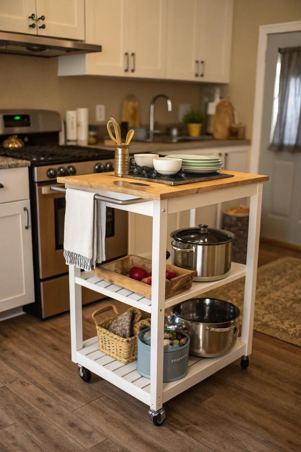 A compact kitchen island that saves space