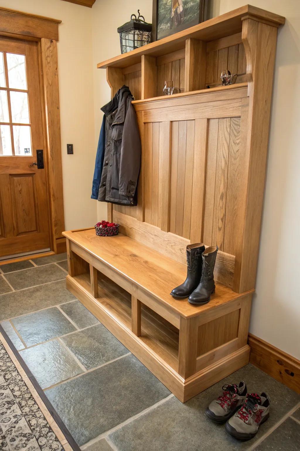 A mudroom bench displaying the sophistication of organic timber stains.