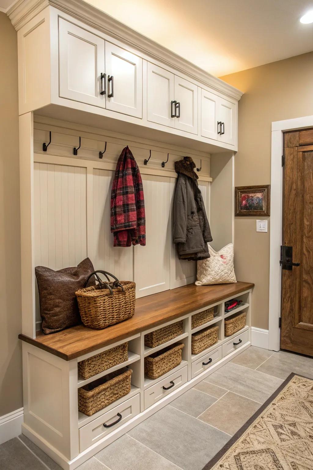 A mudroom seat featuring storage drawers underneath for keeping shoes.