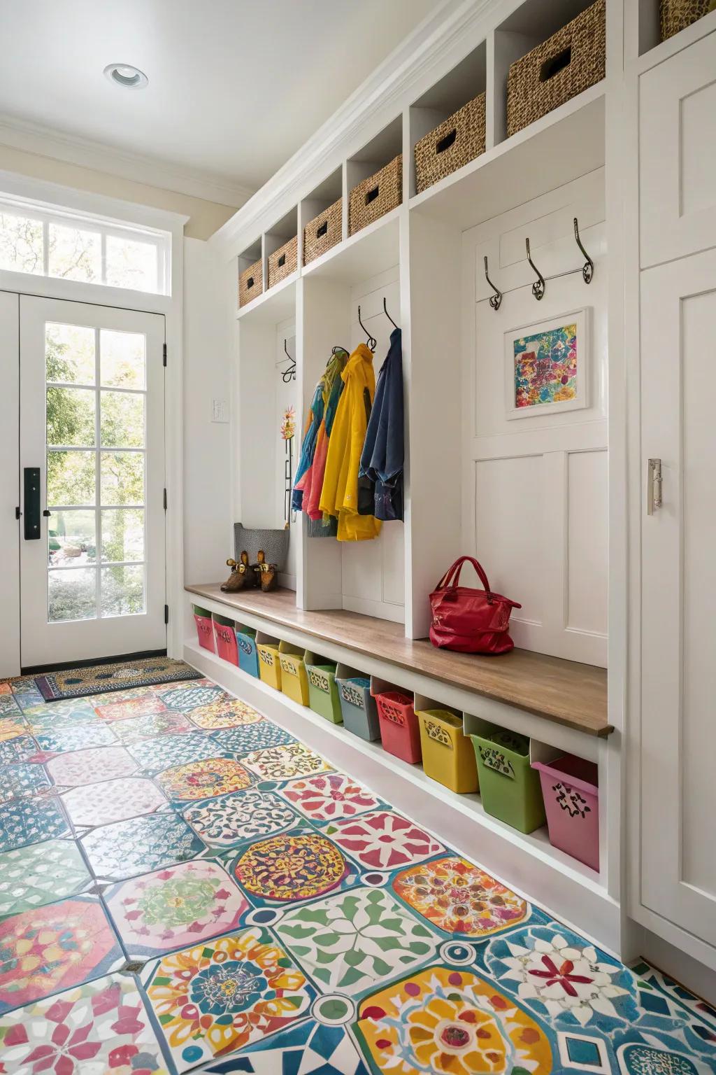 Tiny art tiles add a playful touch to your mudroom floor.