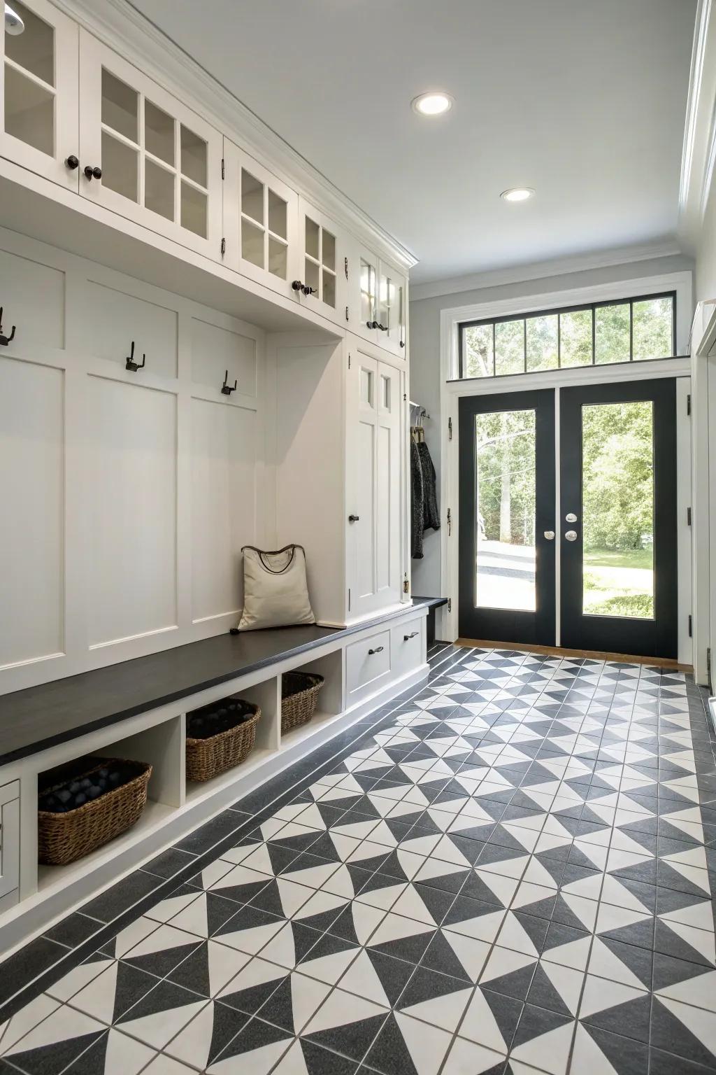 Striking black and white tiles in a modern mudroom