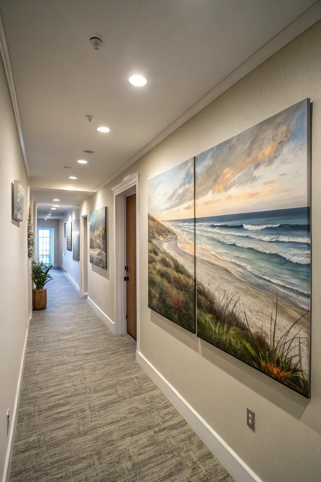 Across these canvases sits a tranquil coastal vista, creating one continuous perspective in this hallway.