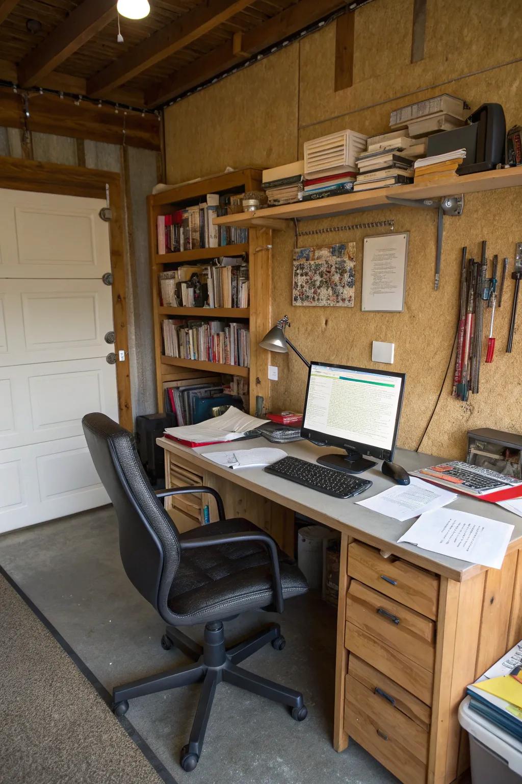 A garage adapted into a peaceful office setting.