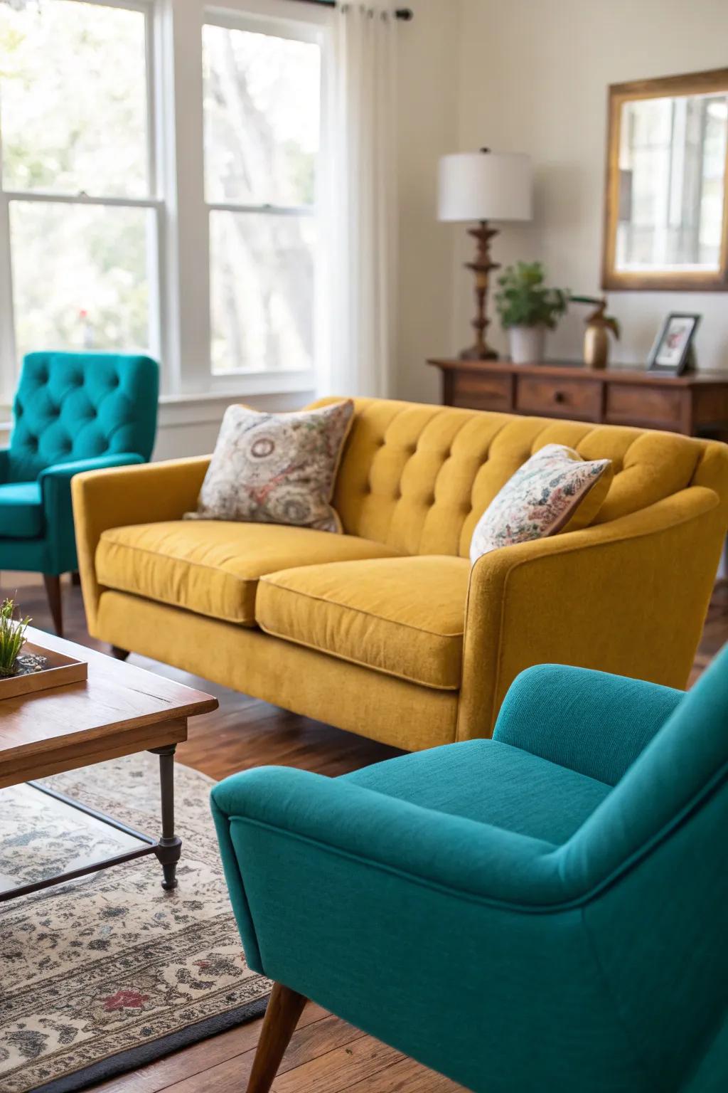 Juxtaposing seating incorporates a burst of color and intrigue.