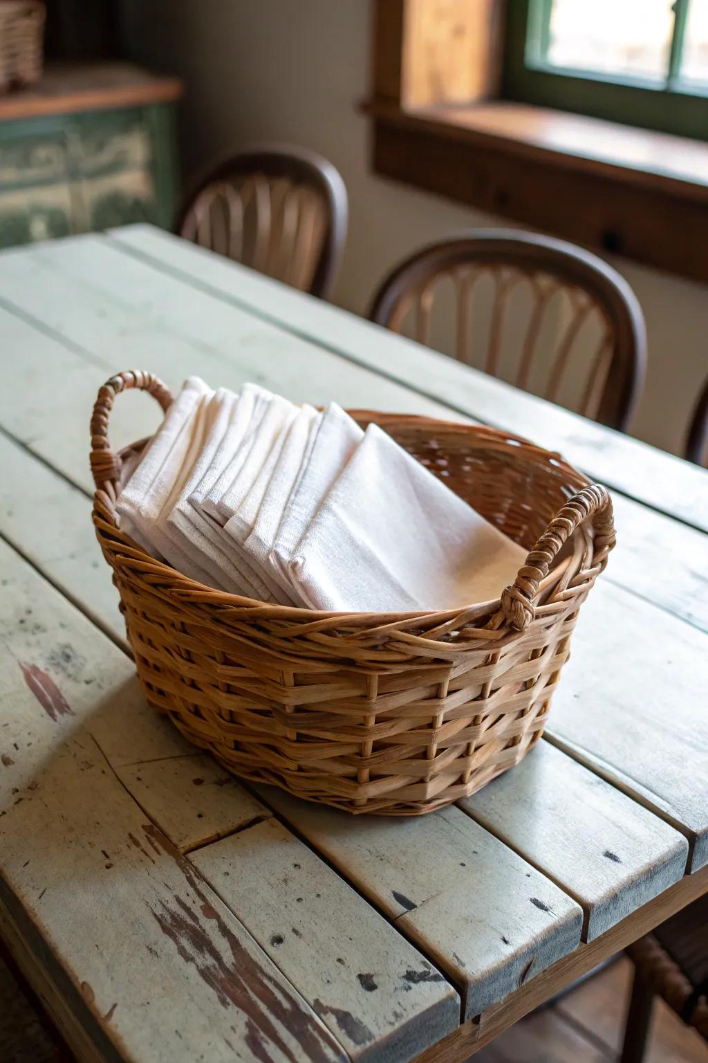Handwoven baskets offer charming and useful napkin storage.