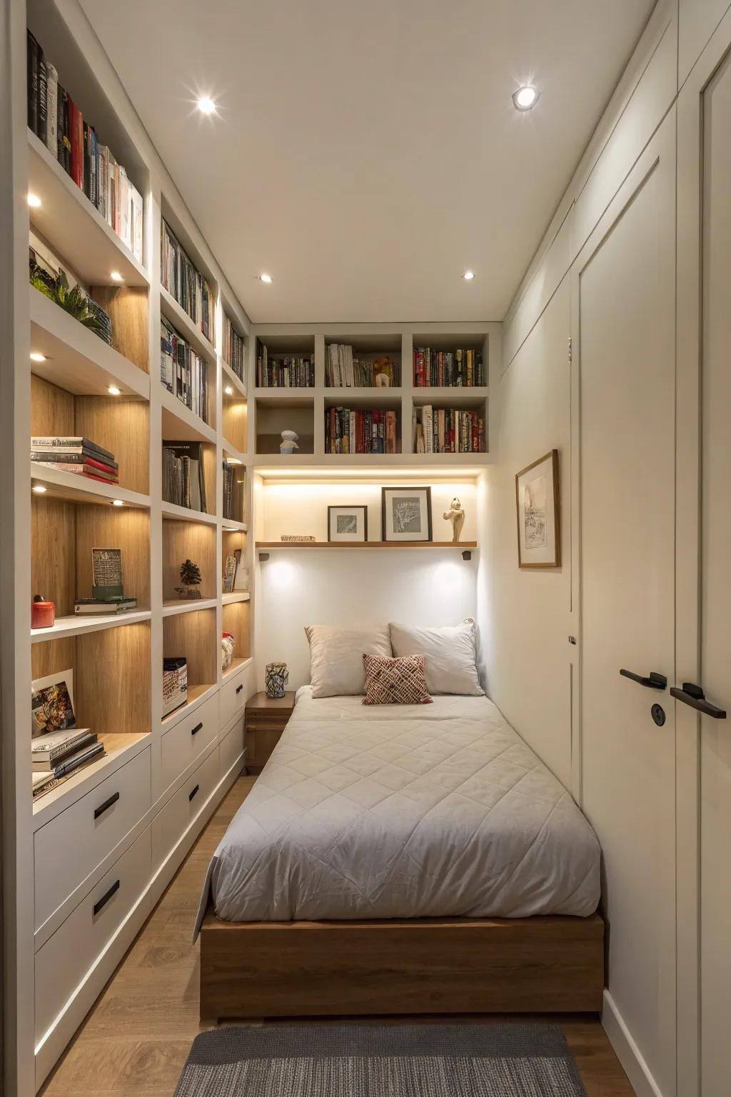 Integrated shelves optimize vertical space within a slender bedroom.