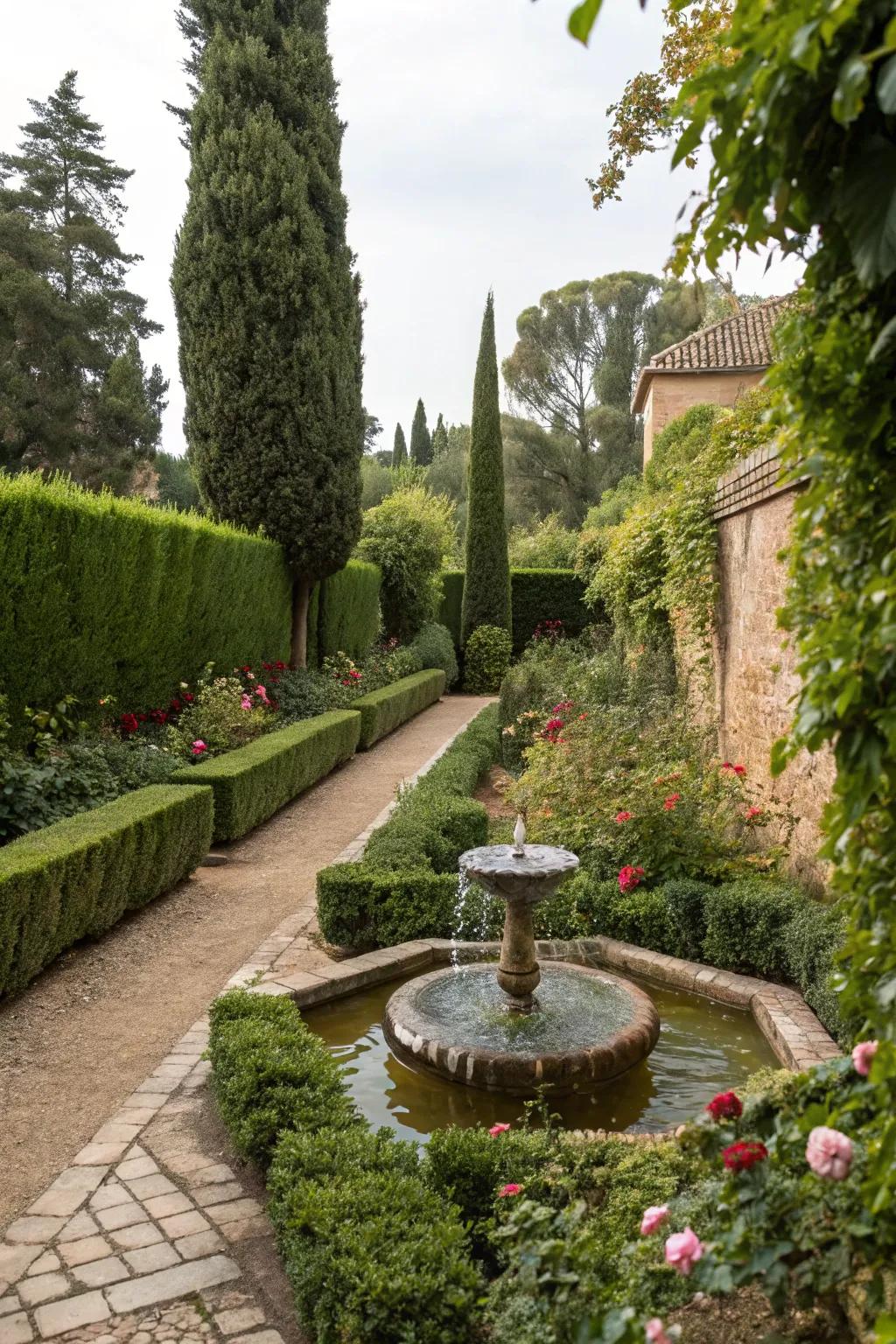 A liquid element appends peacefulness and beauty to a narrow garden.