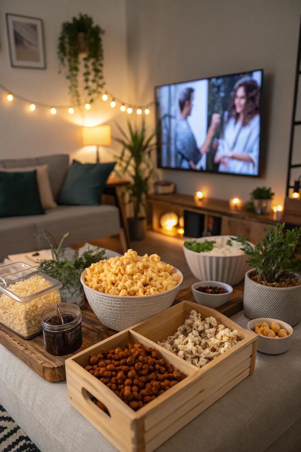 A popcorn center set for a fun movie time at home.