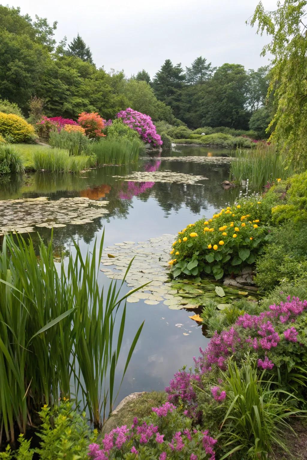 Lush greenery and vibrant flowers amplify the visual allure of a natural pond.