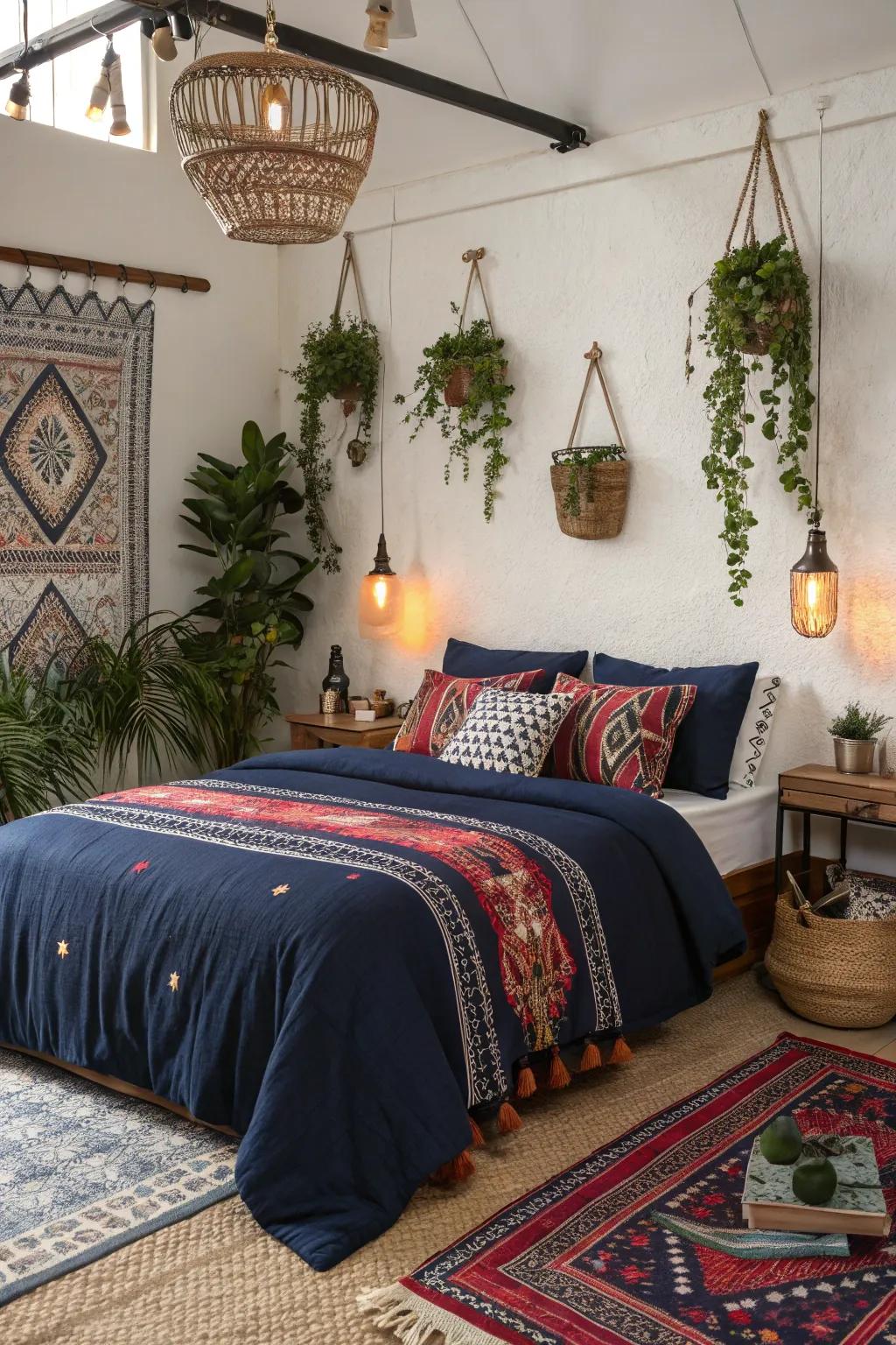 Design a bohemian refuge with sea blue layers and eclectic patterns.