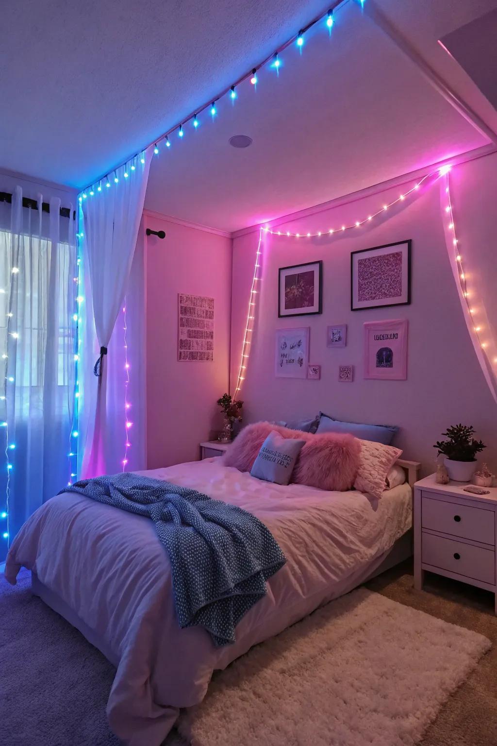 Neon feature lights turn a bedroom into a tranquil dreamland.