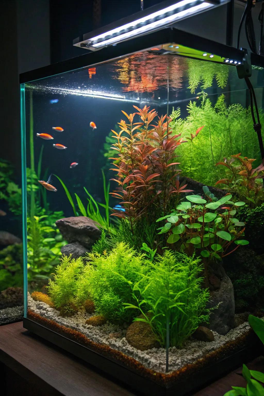 Lush active flora brings a natural vibrancy to this radiant aquarium.