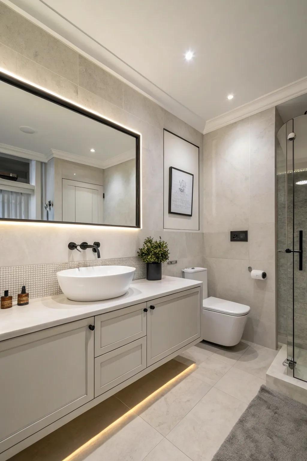 Simple fixtures complement the neutral design effortlessly.