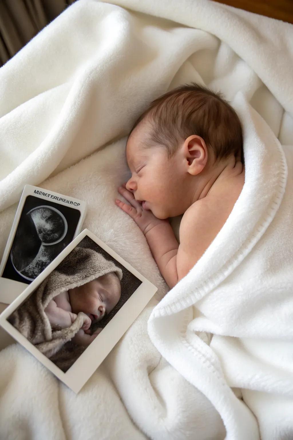A newborn alongside their ultrasound image, a testament to life's voyage.