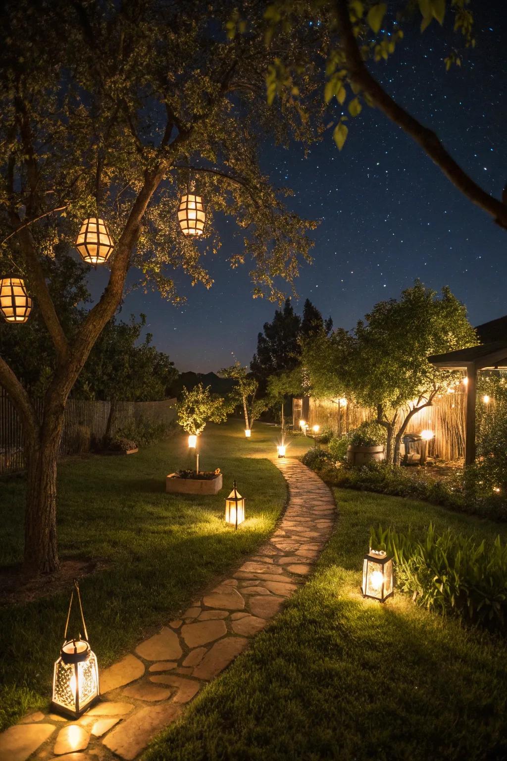 Lanterns cast a whimsical glow across your outdoor space.