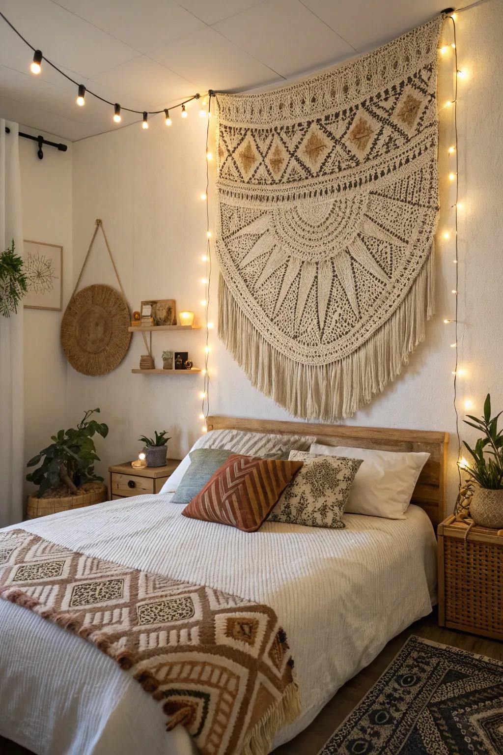 A textured wall hanging introduces a boho touch to the bedroom.