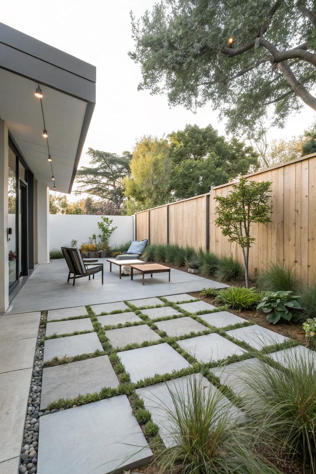A modern and low-maintenance patio design using concrete blocks.
