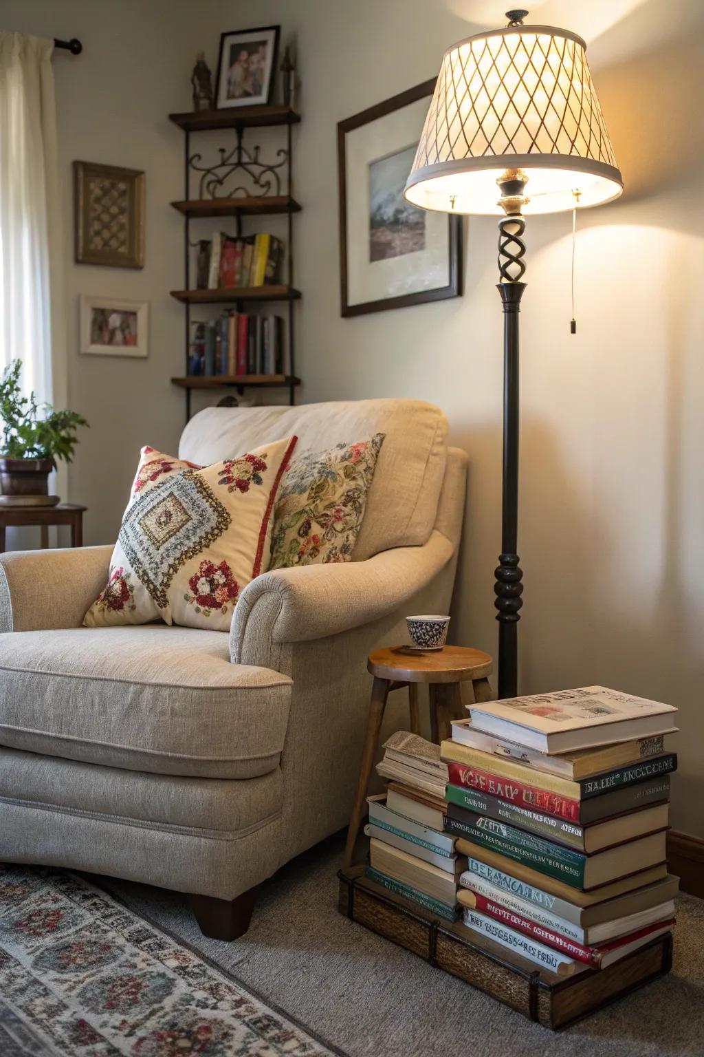 A specified book corner promotes relaxation and education.