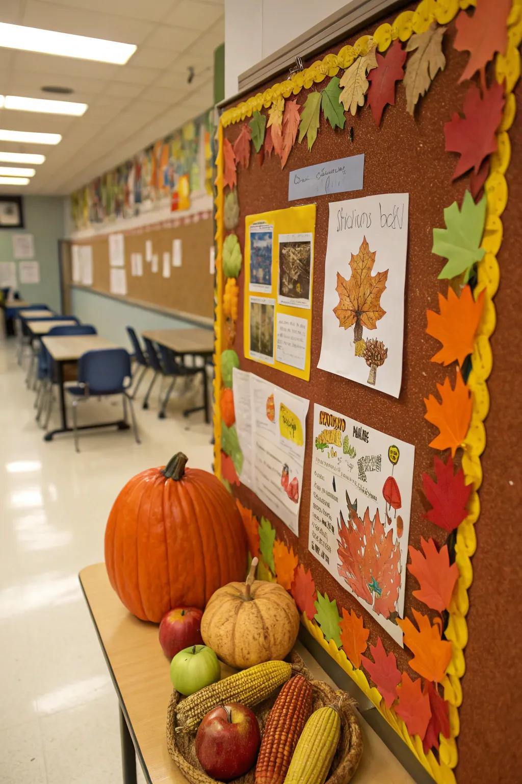 A harvest-inspired bulletin board showcasing student creations.