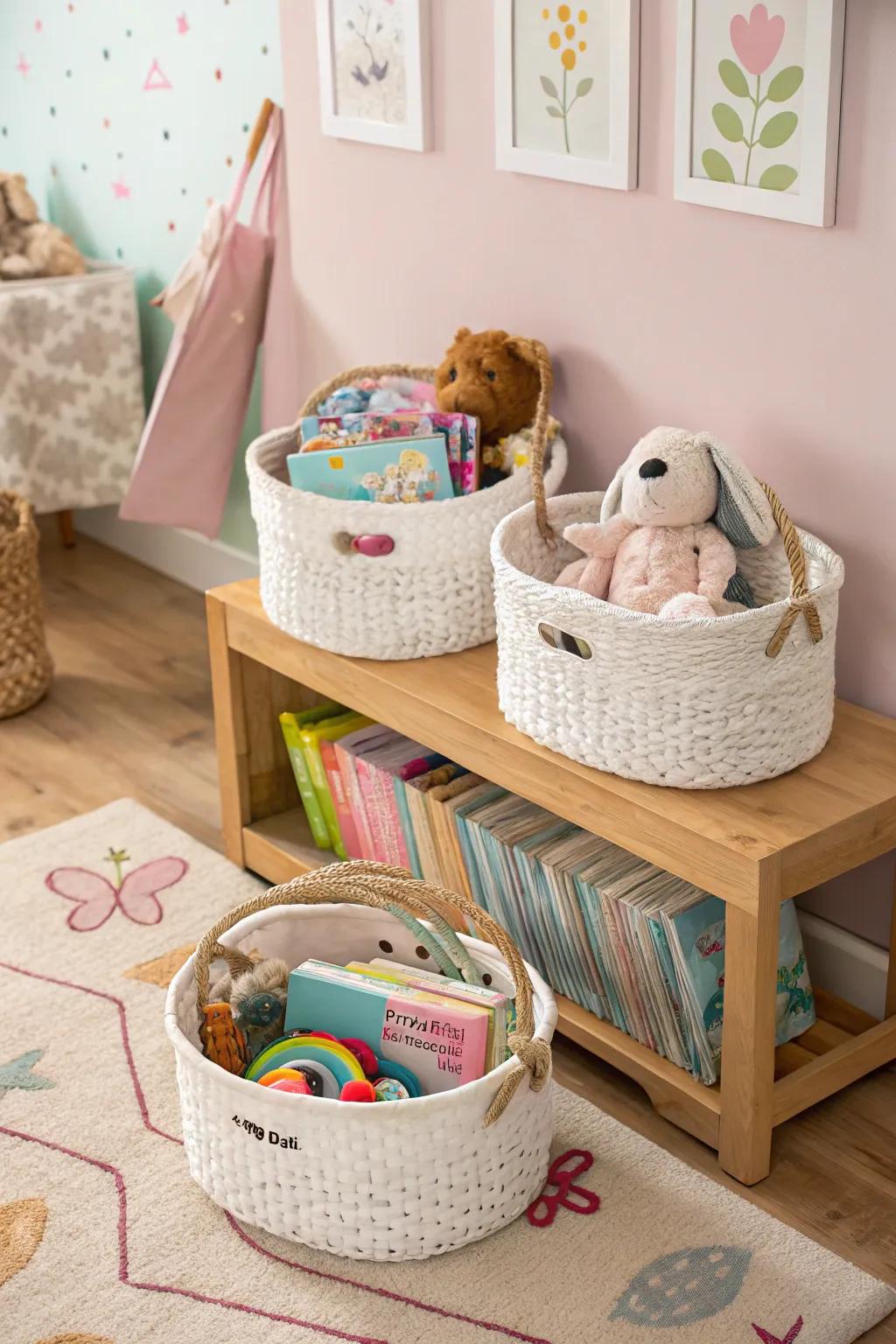 Stylish and practical decorative baskets for organizing nursery must-haves.