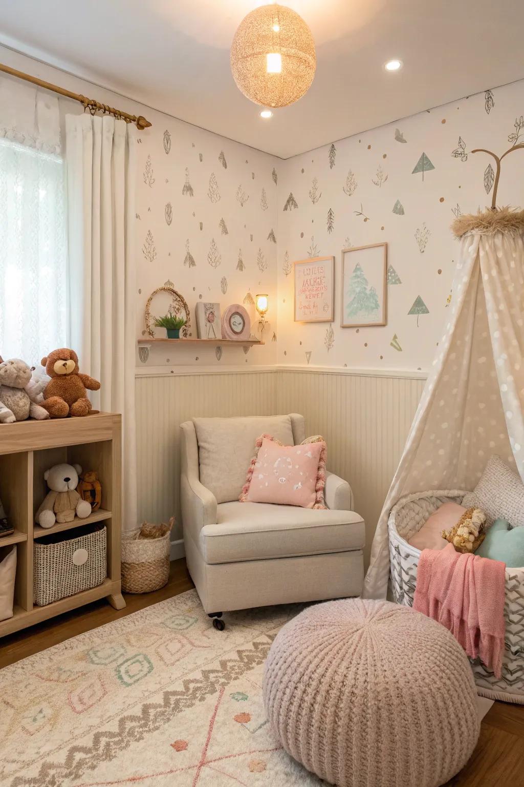 Mellow shades offer a relaxing foundation for a baby room.