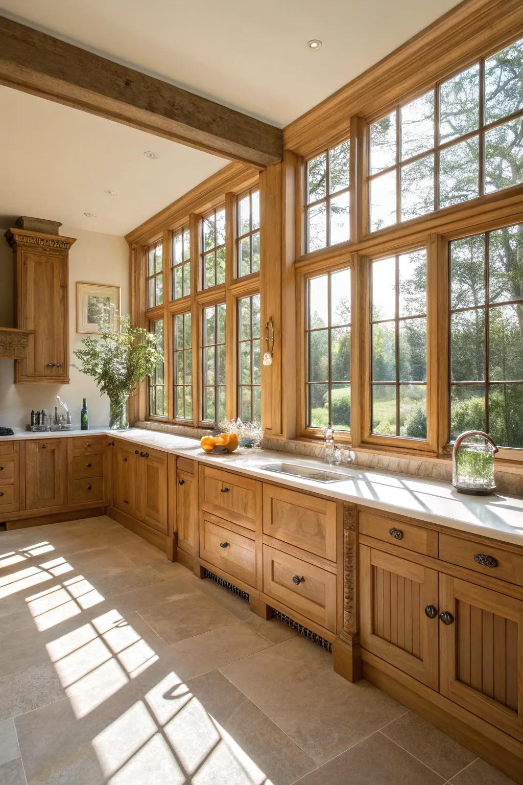 Natural brightness transforms an oak kitchen into a radiant and airy environment.
