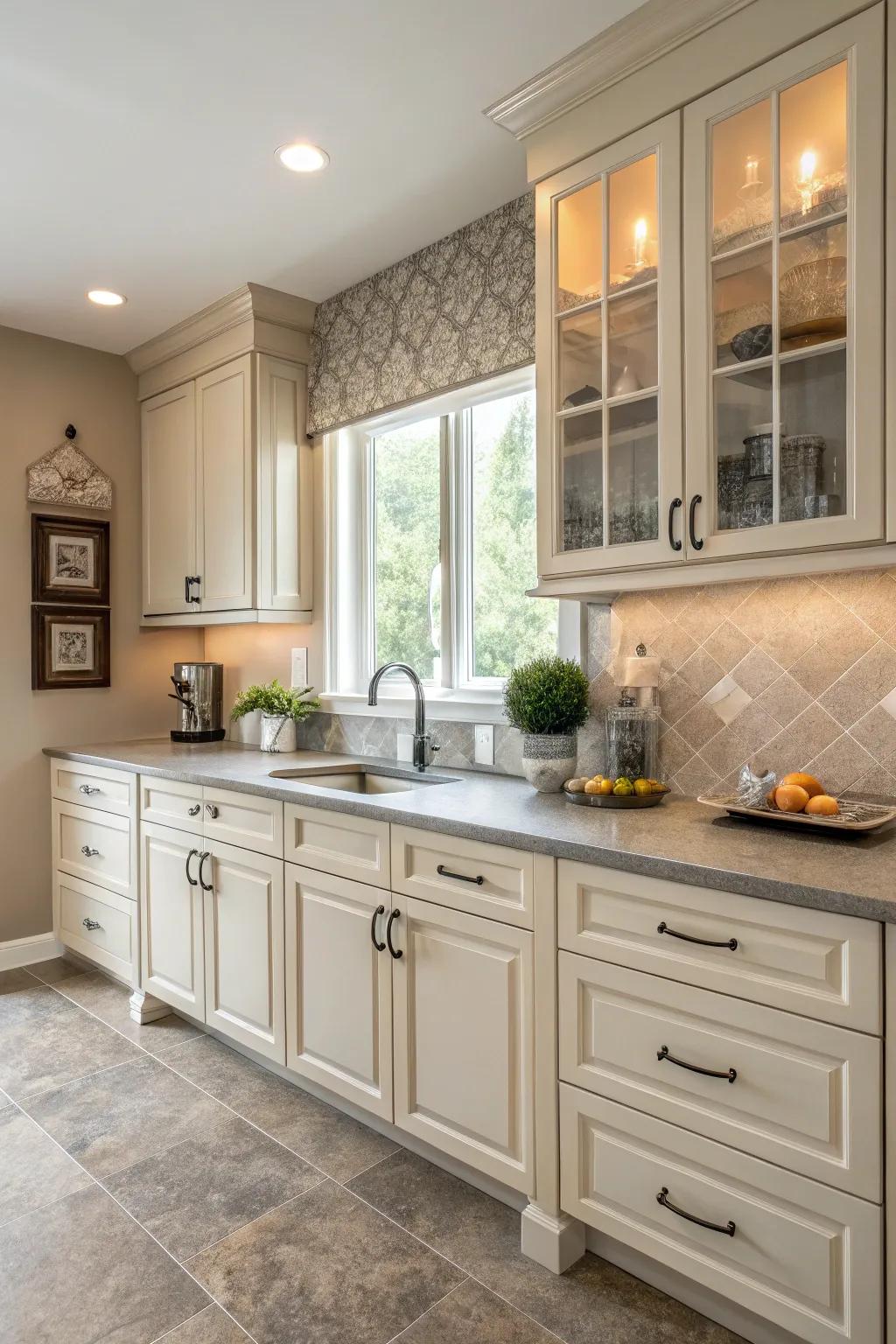 Subdued shades integrate effortlessly with cream-colored cabinets.