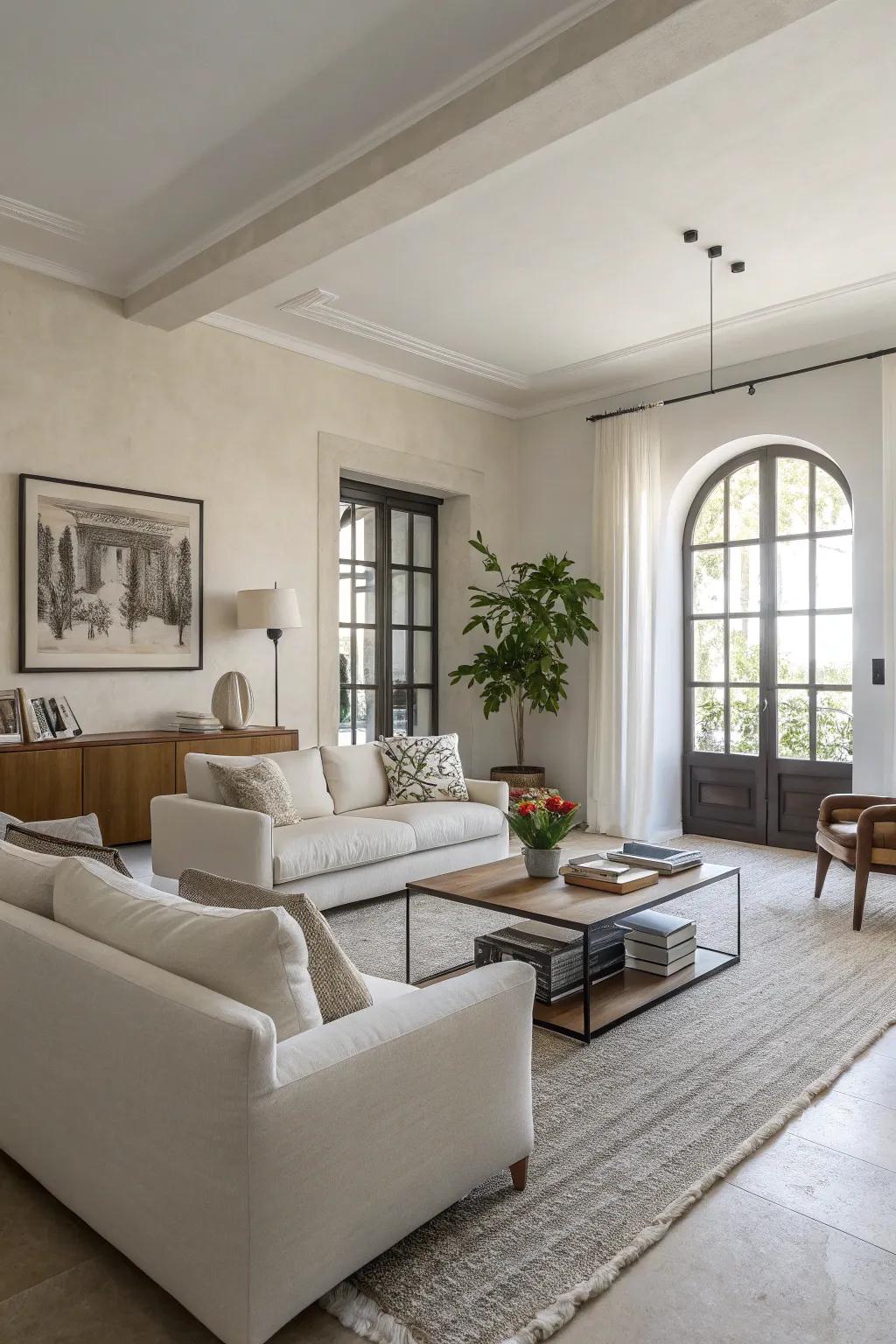 Simple decor enhances the elegance of an off-white living area.