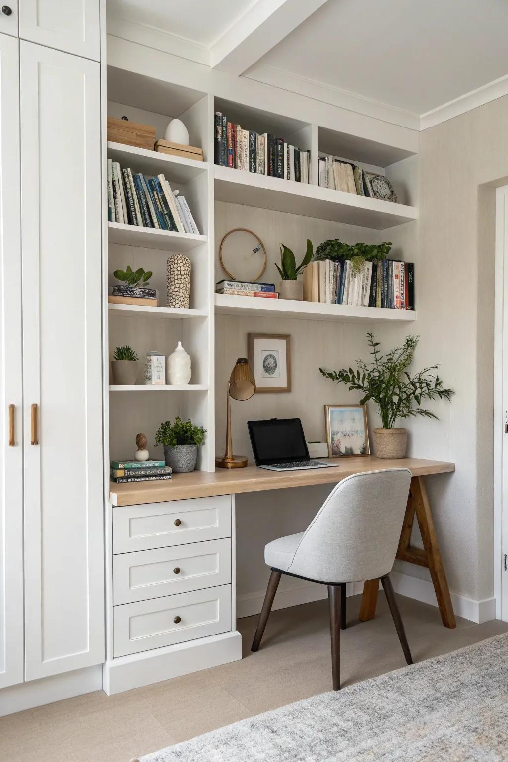 Open shelves for a minimalist and airy office feel.