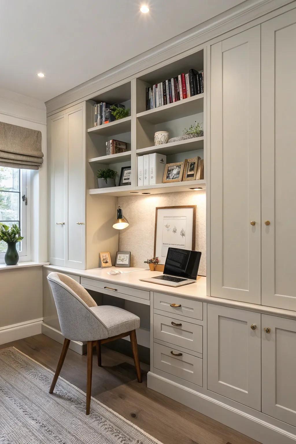 Cabinets with doors maintain a clutter-free and serene office environment.