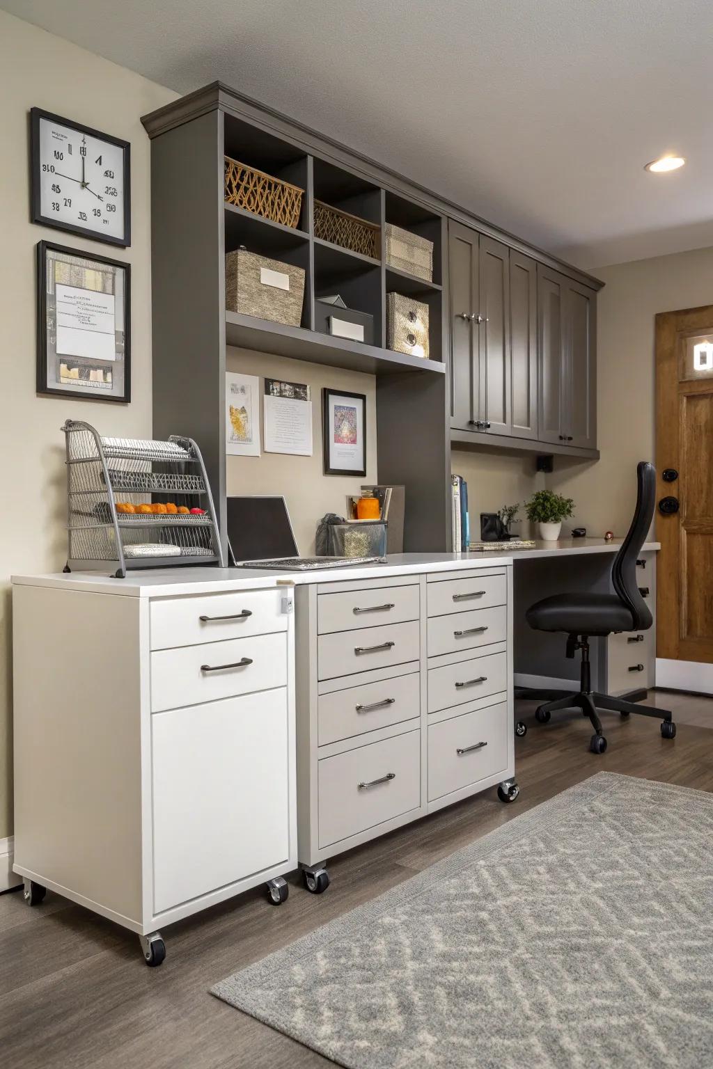 Add mobility to your workspace using rolling cabinets.