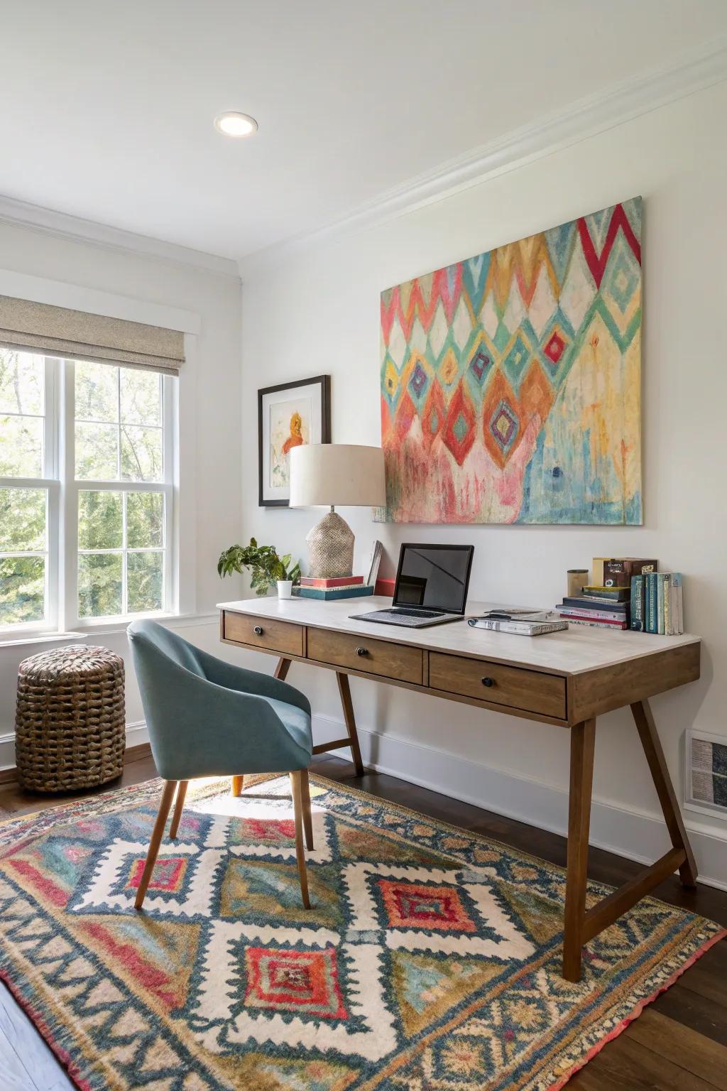 Infuse character into your workspace with artwork and textiles.