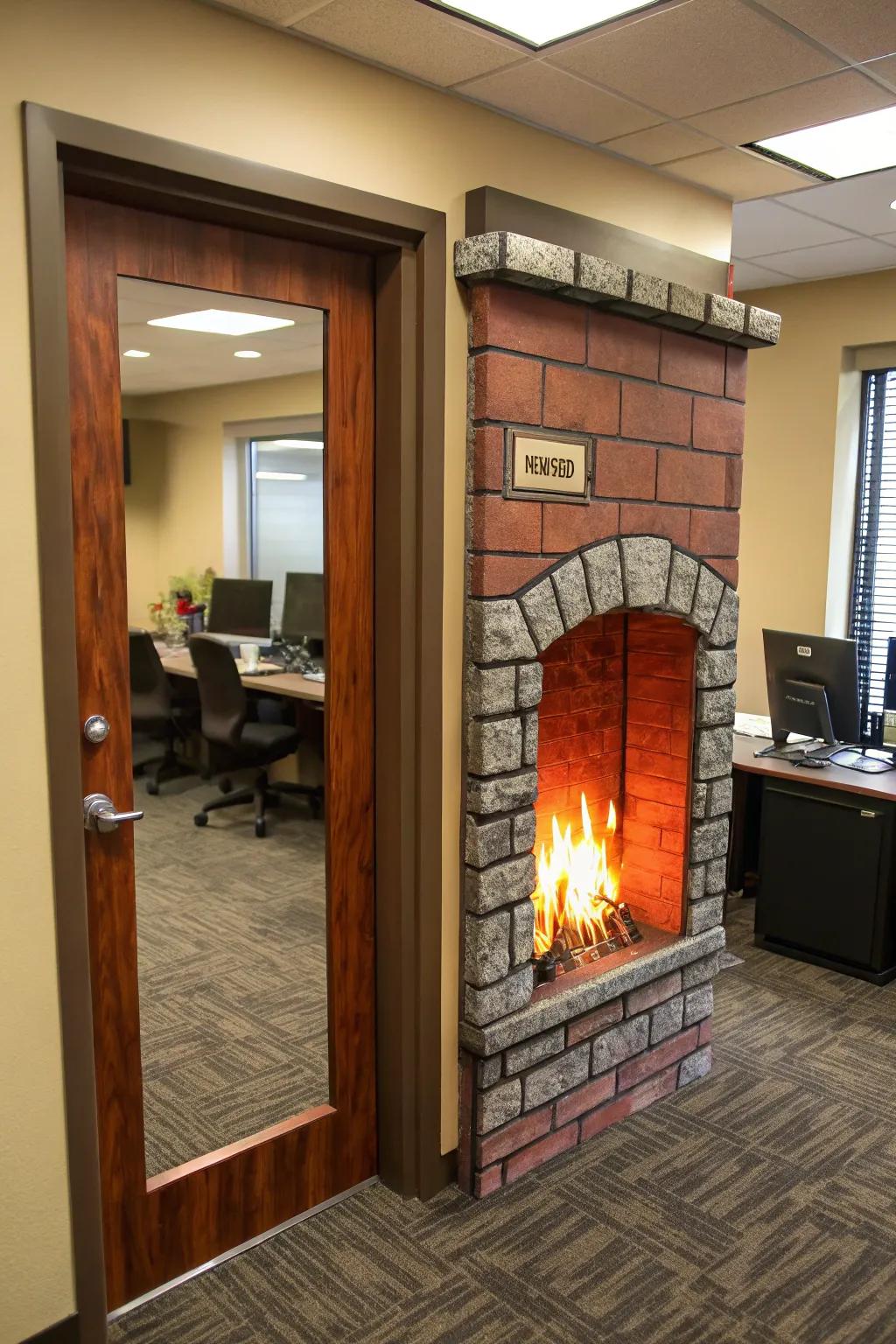 Warm up your workplace using a fireplace-themed door.