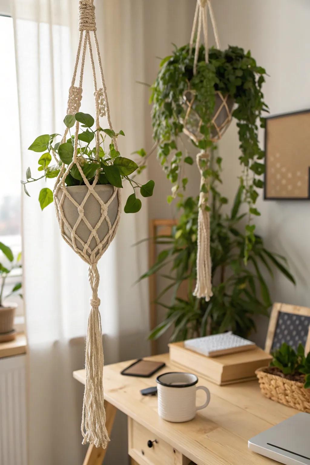 These hanging plants, which are suspended in fashion, free up valuable desk space and create a warm ambiance. 🌿 <strong><em>#OfficeDecor #GreenOffice</em></strong>&rdquo; loading=&rdquo;lazy&rdquo; class=&rdquo;pimg&rdquo;>
	</picture><figcaption>These hanging plants, which are suspended in fashion, free up valuable desk space and create a warm ambiance. 🌿 <strong><em>#OfficeDecor #GreenOffice</em></strong></figcaption></figure>
<p>Hanging flora in Knotted supports gives your office a whimsical feel. My hanging pothos plant saves desk space and gives my workspace a cozy vibe. 🌿 <strong><em>#OfficeDecor #GreenOffice</em></strong></p>
<h3>Check if these fit your needs:</h3>
<ul class=