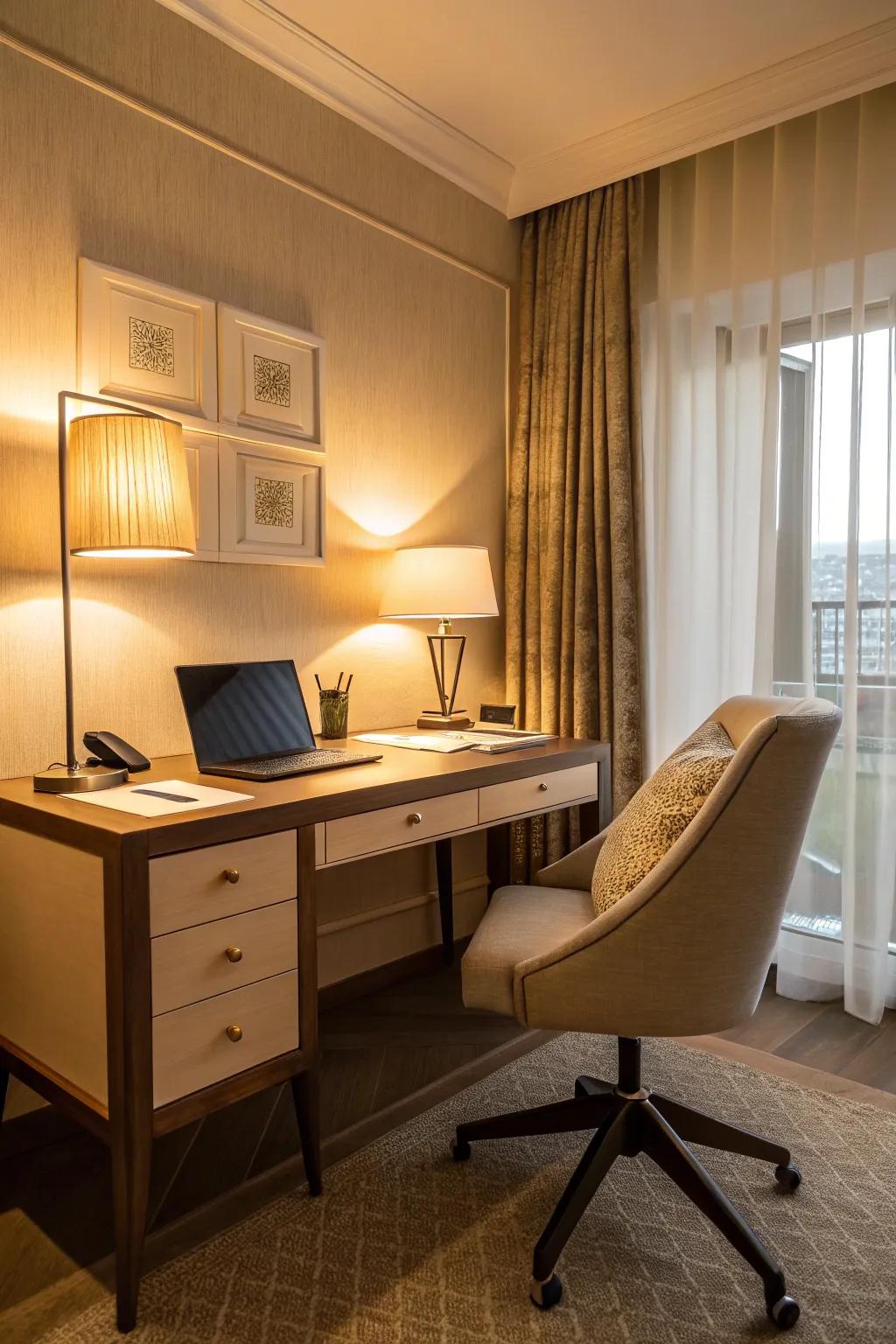 Gentle lighting makes a soothing and inviting work space.