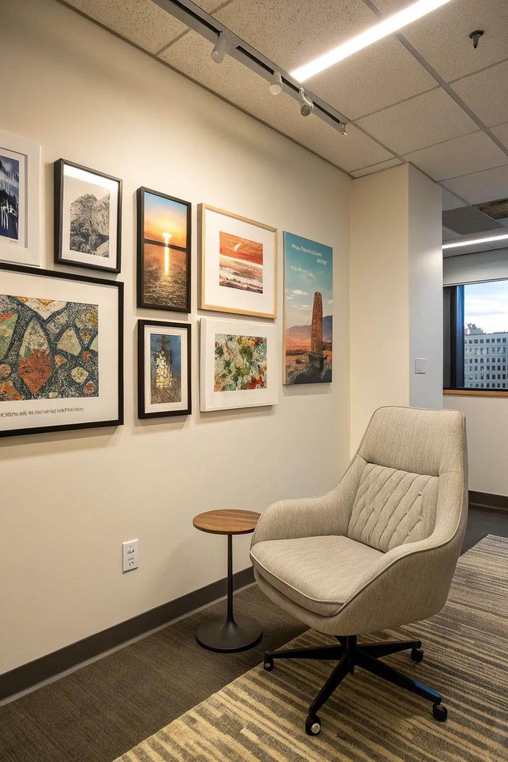 Art above the reading chair brings a personal and artistic touch to the space.